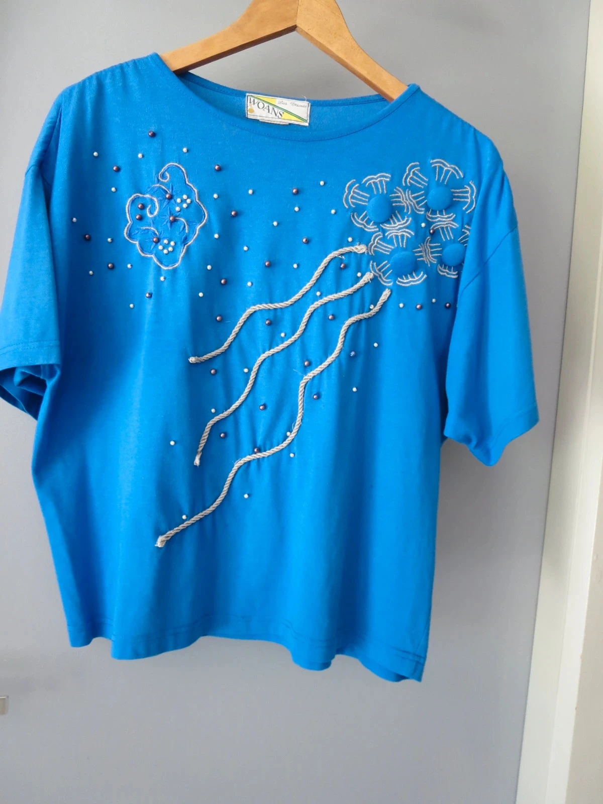 T-shirt Vintage Créateur WOANS – Brodé & Perlé – Bleu Roi – T. 38/40 – – photo 2